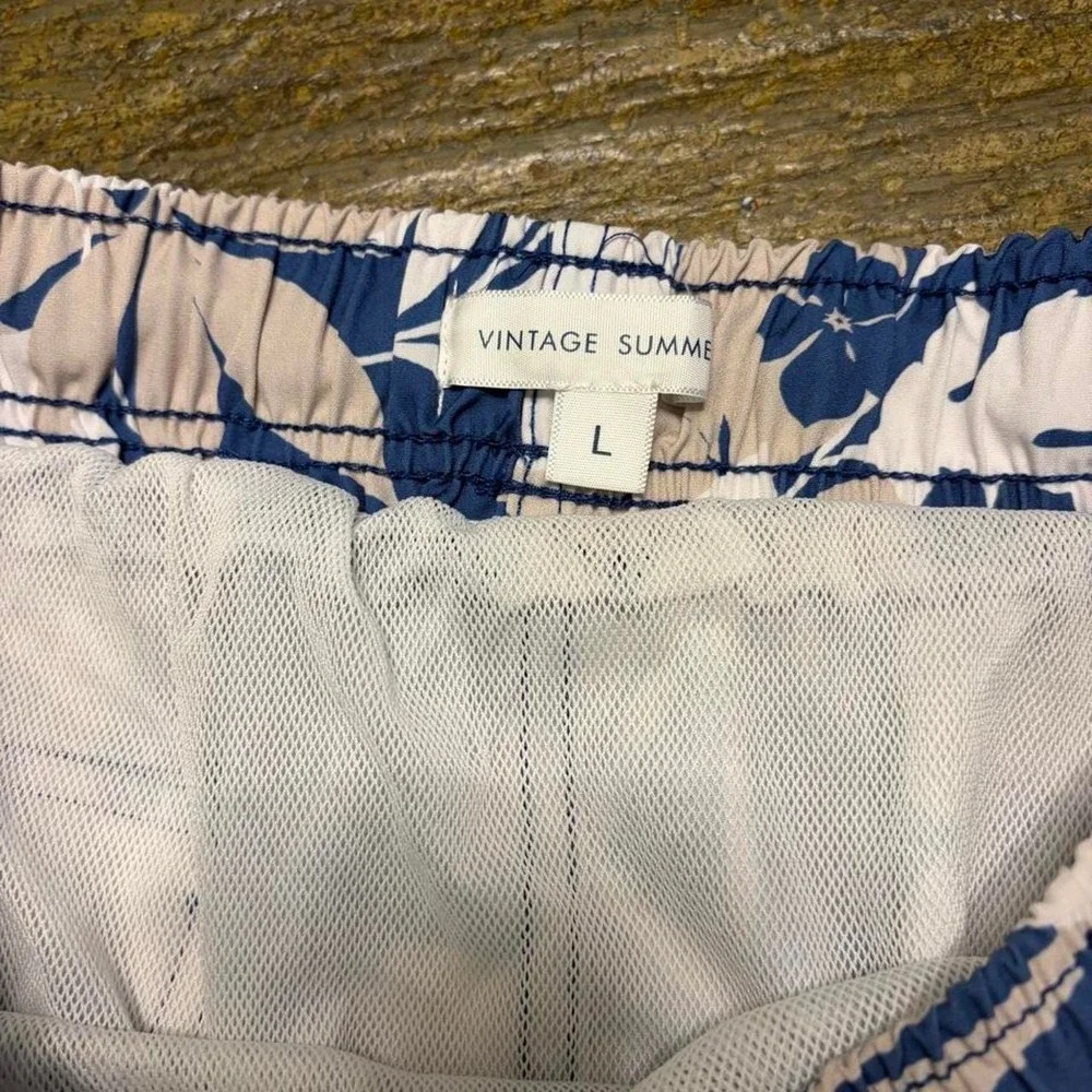 Vintage Summer Mens Tropical Floral Swim Trunks Blue Cream Large V70807SET